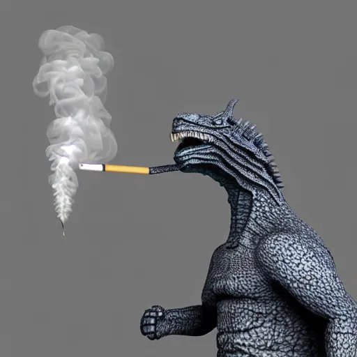 Prompt: anthropomorphic godzilla smoking cigarette, vray