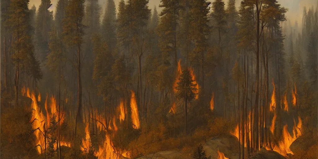 Image similar to smokey forest fire artwork by eugene von guerard