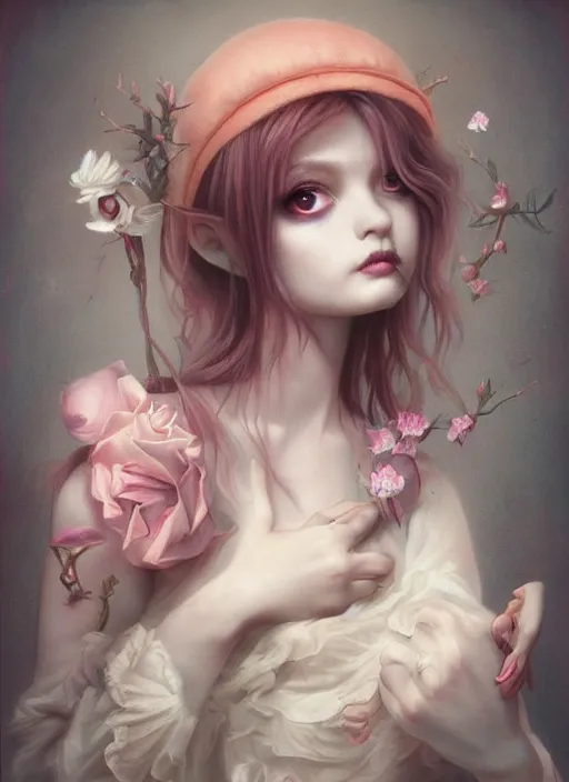 Image similar to pop surrealism, lowbrow art, realistic cute girl painting, japanese street fashion, hyper realism, muted colours, rococo, natalie shau, loreta lux, tom bagshaw, mark ryden, trevor brown style,