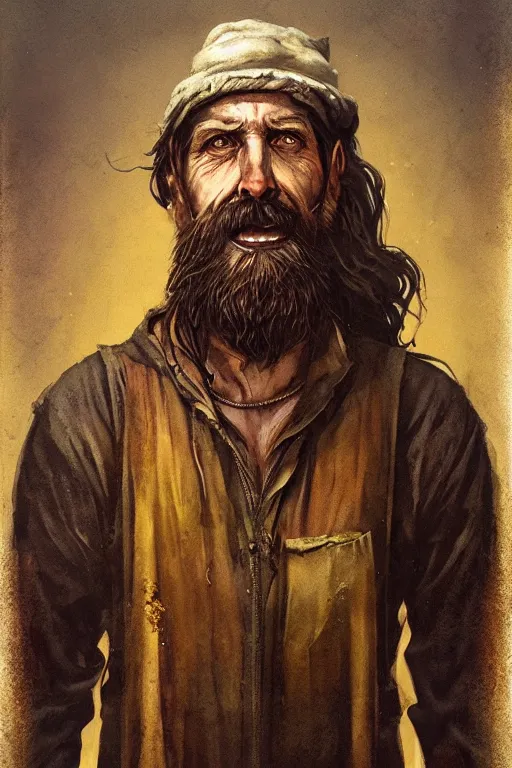 Prompt: full-body portrait of a majestic hobo, brown and gold, rags, beard, missing teeth, by Anato Finnstark, Tom Bagshaw, Brom