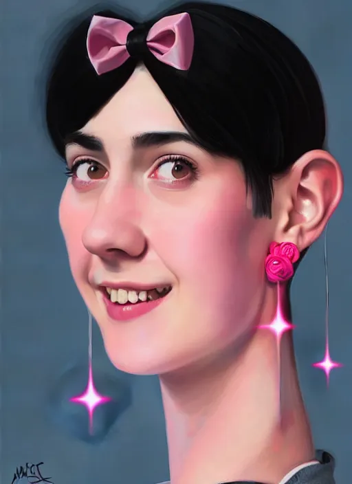 Image similar to portrait of high school girl, realistic, black hair, bangs, half updo hairstyle, pointy nose, skinny, smile, ugly, defined jawline, big chin, pink hair bow, earrings, intricate, elegant, glowing lights, highly detailed, digital painting, artstation, sharp focus, illustration, art by wlop, mars ravelo and greg rutkowski