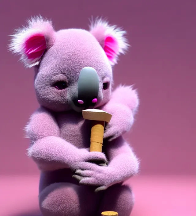 Image similar to high quality 3 d render hyperrealistic very cute small pink koala smoking weed joint, rising smoke, plush mascot, short spiky dense fluffy smooth hair, photo from the side, pink fluffy fur, 1 5 0 mm, beautiful natural soft light, rim light, vray, smooth background, artstation, ultra detailed