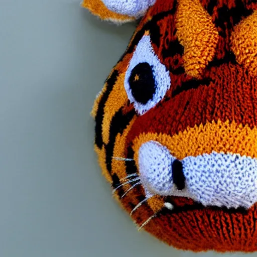 Image similar to a closeup photorealistic smiling knitted plush tiger from calvin and hobbes.