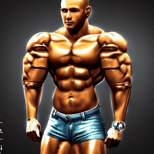 Image similar to a realistic detailed photo of a bodybuilder who is also a male android, Chris Redfield, shiny skin, posing robotically. blank stare