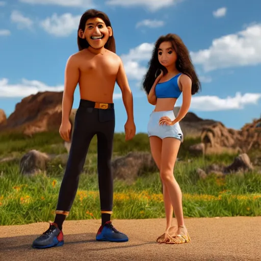 Prompt: young beautiful athletic Filipino woman with long hair standing beside a handsome caucasian athletic thin man with very short buzzed thinning hair, stubble beard on his face, blue eyes, they are posing, depicted as adult Pixar characters, high quality cg render, 4k