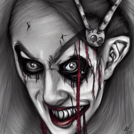 Image similar to surrealism grunge cartoon portrait sketch of Harley Quinn, by michael karcz, loony toons style, freddy krueger style, horror theme, detailed, elegant, intricate