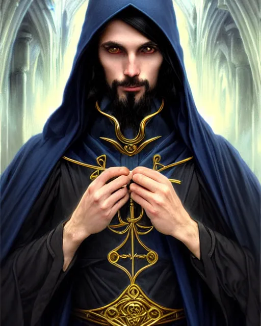 Image similar to handsome male wizard at the end of time, long black hair blue eyes young face wearing cloth mantle gothic navy cloak with gold details, cave town, fantasy character portrait, ultra realistic, intricate, elegant, cinematic lighting, highly detailed, digital painting, artstation, smooth, sharp, focus, illustration, art by artgerm and greg rutkowski and alphonse mucha