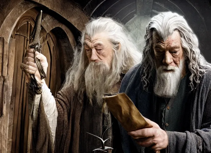 Image similar to gandalf and frodo in bag end, gandalf is holding an envelope above his head, bag end in the style of h. r. giger, image from a movie