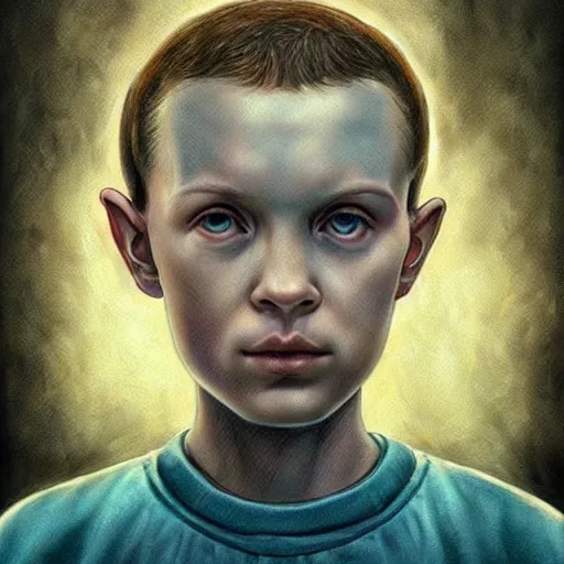 Prompt: beautiful!! portrait of Eleven from the stranger things by (((Marco Mazzoni ))) marco mazzoni ,dark ,detailed!! ,(((flowers on hair))) ,portrait,