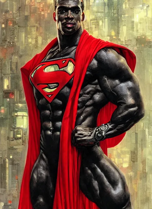 Image similar to portrait of crossfit bodybuilder fitness sprinter superman!, futuristic detailed ornate cyberpunk costume!, red and black costume!!!, pale skin!, no logo!!!, painted art by tsuyoshi nagano, greg rutkowski, artgerm, alphonse mucha, spike painting