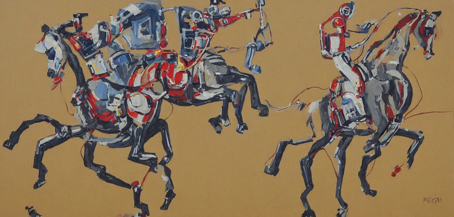 Image similar to robot horse doing show jumping, naive art