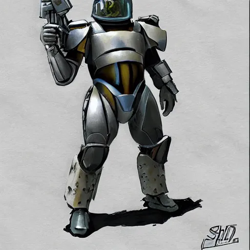 Image similar to a space fantasy soldier in powered armor holding a weapon in the style of Ralph McQuarrie/Syd Mead/John Berkey detailed realistic