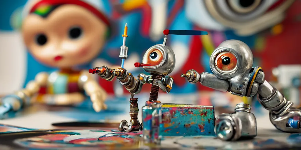 Image similar to closeup portrait of tin toy retro robot painter mixing gouache on white paper table in an artist workshop, depth of field, zeiss lens, detailed, centered, fashion photoshoot, by nicoletta ceccoli, mark ryden, lostfish, breathtaking, 8 k resolution, extremely detailed, beautiful, establishing shot, artistic, hyperrealistic, octane render