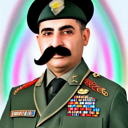 Image similar to professional portrait of an arab military general with a big mustache wearing a beret, rainbow background, 8 k, intricate, detailed,