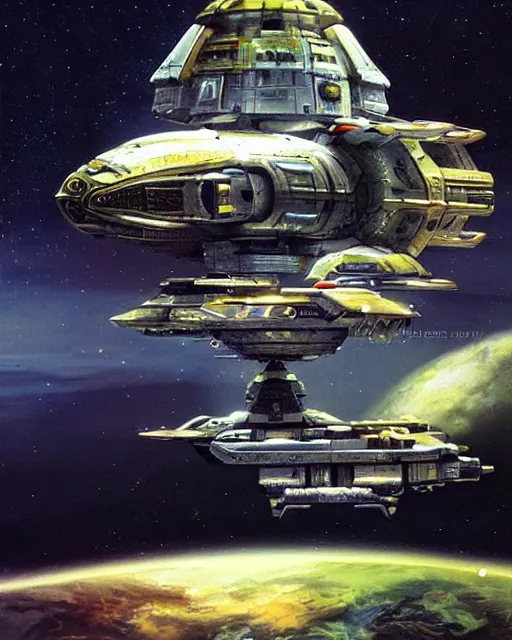 Image similar to serenity spaceship, hyper realistic, fantasy art, in the style of chris foss, intricate, hyper detailed, smooth