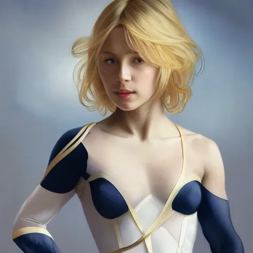 Prompt: a beautiful portrait of a beautiful cute young superhero girl, shoulder - length blonde hair, tight solid matte navy blue lycra bodysuit, white cape, buff, body, muscular, intricate, elegant, 8 k, highly detailed, digital painting, concept art, smooth, sharp focus, illustration, by artgerm greg rutkowski alphonse mucha loish wlop