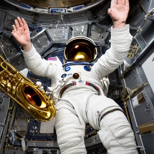 Prompt: astronaut doing jazz saxophone improvisation, 4k photography, space