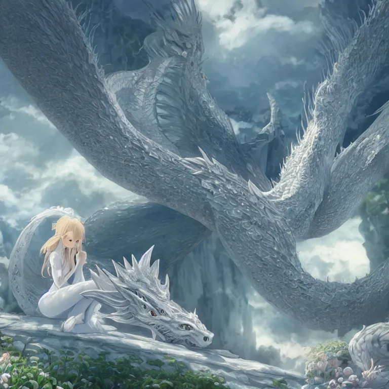 Image similar to the beautiful hyper detailed scene render that a lonely beautiful girl lies in the arms of a huge silver white dragon alone in fairyland surrounded by white clouds, finely detailed angelic face delicate, style of studio ghibli, makoto shinkai, raphael lacoste, louis comfort tiffany, artgerm, james jean, ross tran, animation style, hd, ultra wide angle