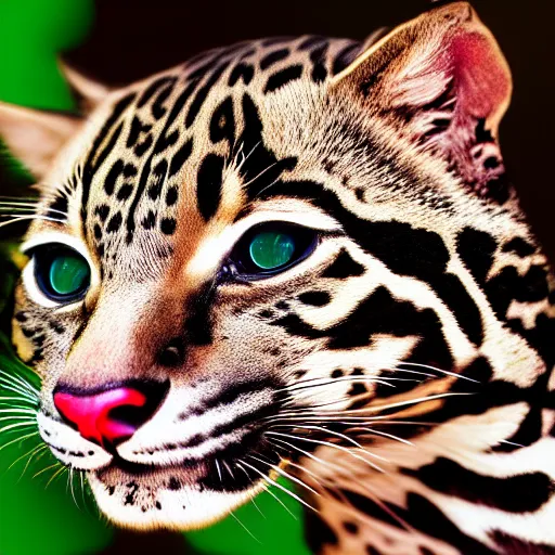 Image similar to profile shot of a black and red ocelot with black background, high contrast, render