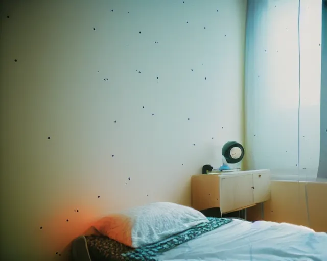 Prompt: calm photo of a futuristic otaku bedroom, bokeh + calm lighting kodak portra 8 0 0