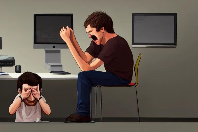 Prompt: hangover man sitting behind computer and sad crying kid staying near the man. high detail, trending on artstation