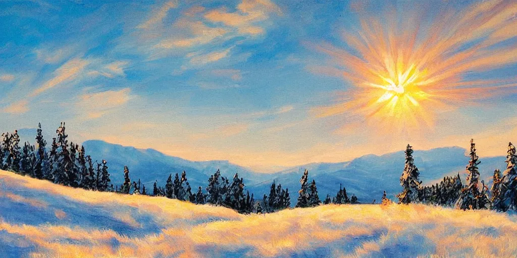 Prompt: a beautiful landscape, sun rises between two snowy mountains, art by phillipp urlich