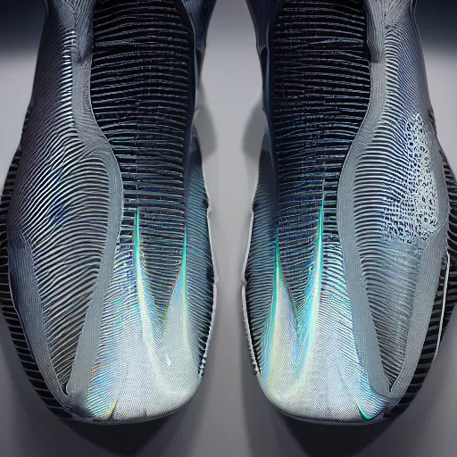 Image similar to product photography extremely detailed futuristic sports sneakers with a detailed foam sole, with holographic elements, 3 d model, hyperrealism, balenciaga style ultra rendered extreme realism and detail, 8 k, f / 2. 2, canon 8 5 mm, photorealistic, sharp focus,