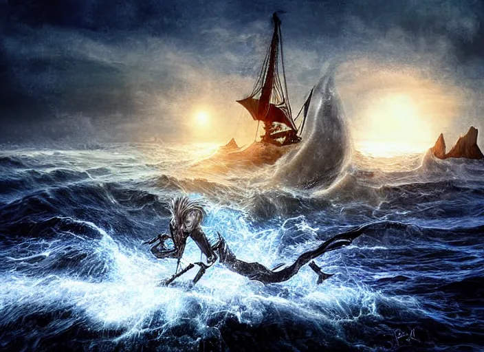 Prompt: a devil rides on the frigid ocean, fantasy art, sun, epic, dramatic, digital art, pain