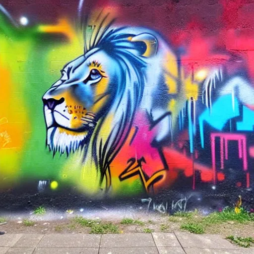 Image similar to wall with graffiti, splash painting of a lion