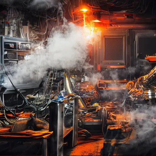 Image similar to smoothie blender, tangles of metallic cables, dark messy smoke - filled cluttered workshop, dark, dramatic lighting, orange tint, sparks, plasma charges, cinematic, highly detailed, sci - fi, futuristic, movie still