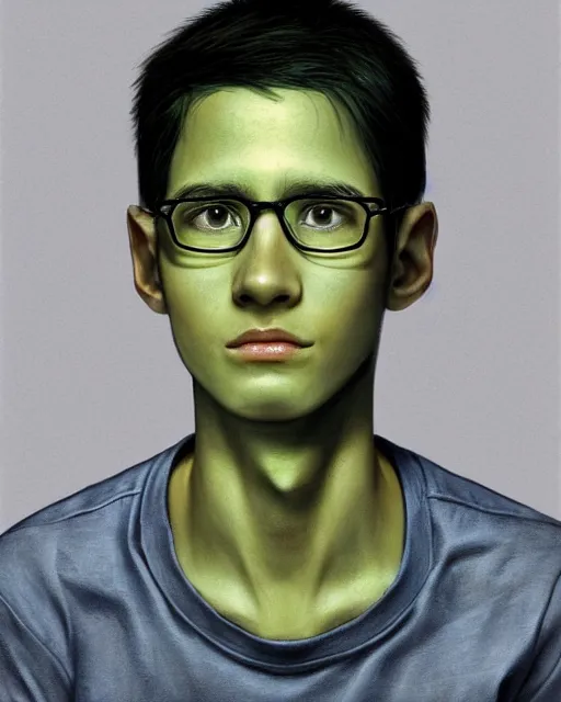 Prompt: portrait of a small, skinny 1 7 - year - old boy with a thin face, black hair, and bright green eyes, round glasses, thin scar on his forehead, wearing white shirt, hyper realistic face, beautiful eyes, character art, art by mark brooks, hyperdetailed, cryengine, trending on artstation, digital art