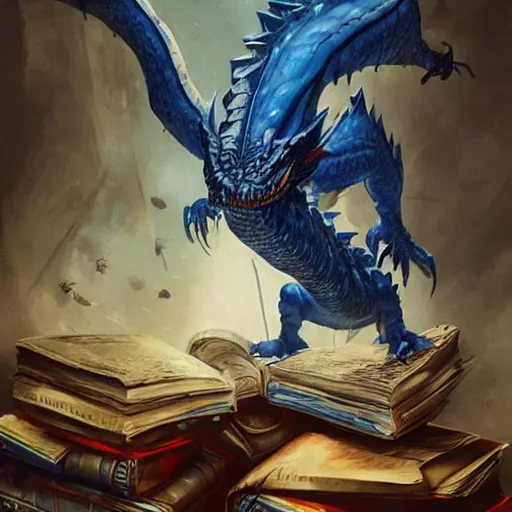 Image similar to blue dragon sitting on a hoard of books, fantasy, dnd, art by greg rutkowski