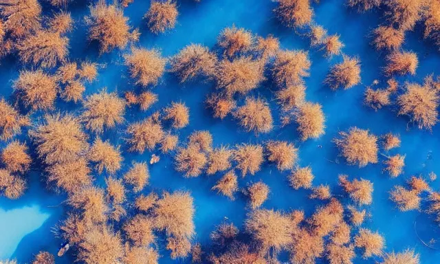 Image similar to beautiful panorama of a perfect cloudless blue sky full of many magnificent big upside-down raindrops above a dried up river, desolate land, dead trees, blue sky, hot and sunny highly-detailed, elegant, dramatic lighting, artstation, 4k, cinematic landscape, masterpiece photograph by Elisabeth Gadd, National Geographic