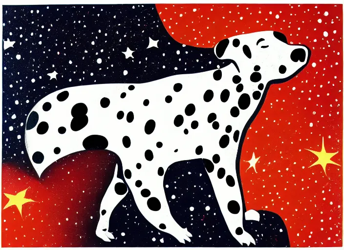 Image similar to portrait of a dalmatian piglet surrounded by stars. silkscreen painting on paper