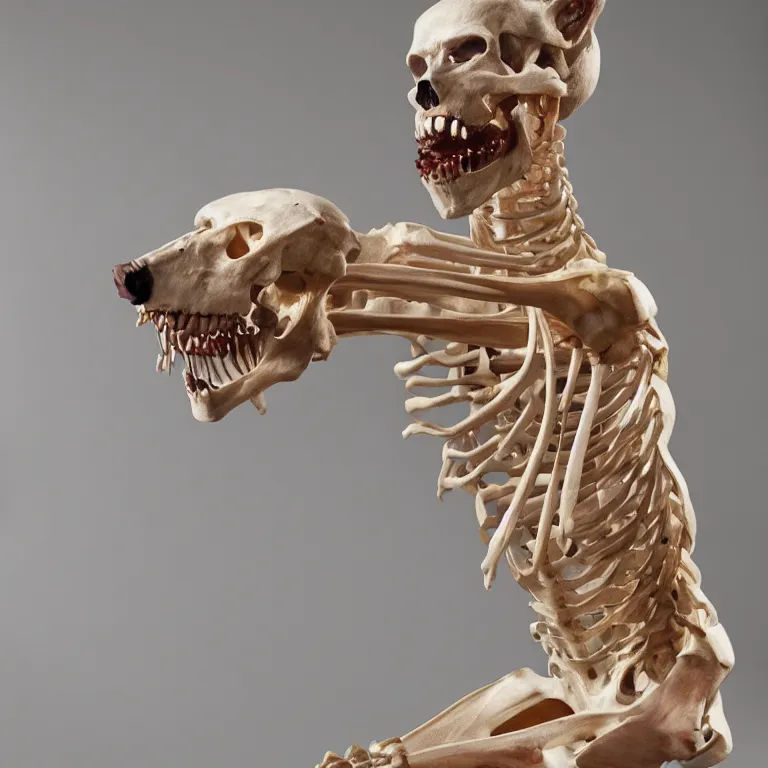 Prompt: hyperrealistic sculpture of a giant wolf skeleton with some flesh attached on a pedestal by ron mueck and duane hanson and damien hirst, hyperrealistic dramatic colored lighting trending on artstation 8 k