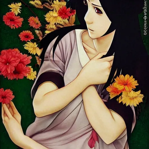 Image similar to hinata hyuga from naruto, beautiful, cute, floral, painting by caravaggio