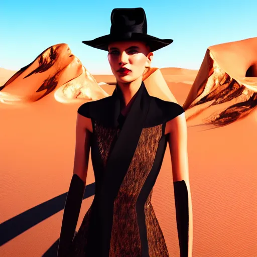 Image similar to avant-garde art, deco fashion, highly detailed, photorealistic portrait, serene desert setting, golden hour, crisp quality and light reflections, unreal engine 5 quality render