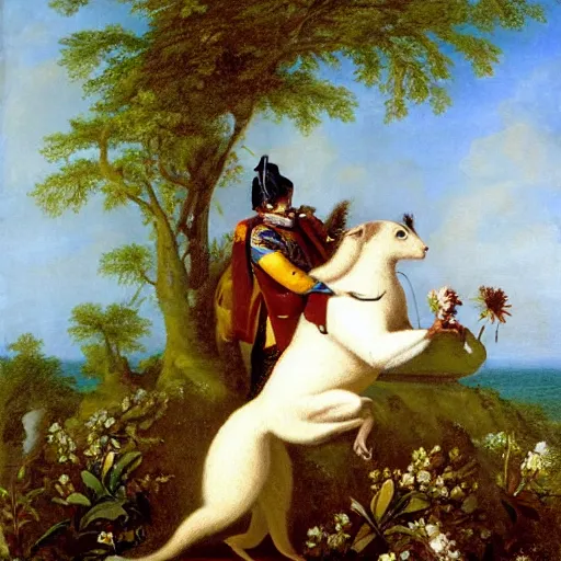 Image similar to a giant squirrel carrying napoleon bonaparte on its back, beach scene with flowers and foliage, detailed oil painting