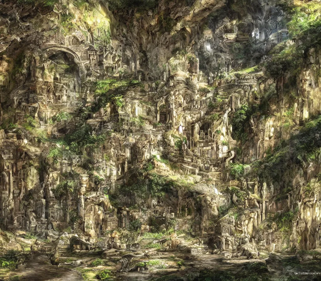 Image similar to the city of Rome but underground in an impossibly large cave,lush nature,fantasy art,realistic,high quality,detailed