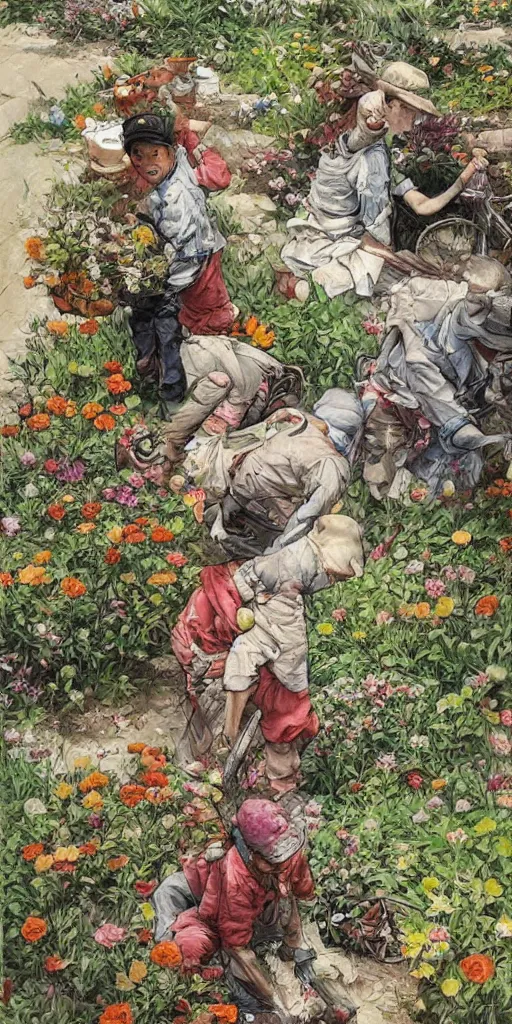 Image similar to oil painting scene from blooming gardeners by kim jung gi