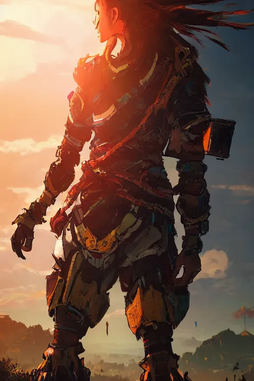 Image similar to combination suit armor aloy horizon forbidden west horizon zero dawn radiating a glowing aura global illumination ray tracing hdr fanart arstation by ian pesty and alena aenami artworks in 4 k tribal robot ninja mask helmet backpack