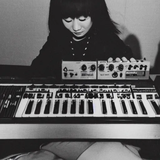 Image similar to 1 9 7 0 s photo of a female japanese musician playing a vintage modular synthesizer, hazy, faded