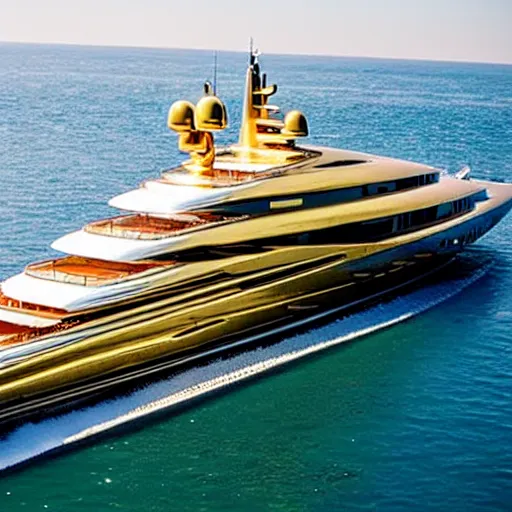 Image similar to wrinkled hunchbacked old man polishing the side of a gold plated mega yacht