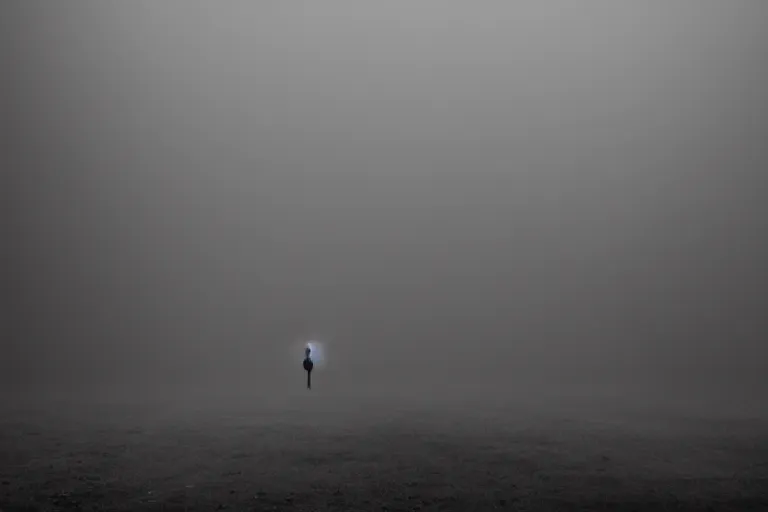 Image similar to a silhouetted figure stands alone in a vast interior space. broken windows light rays volumetric fog creepy at night