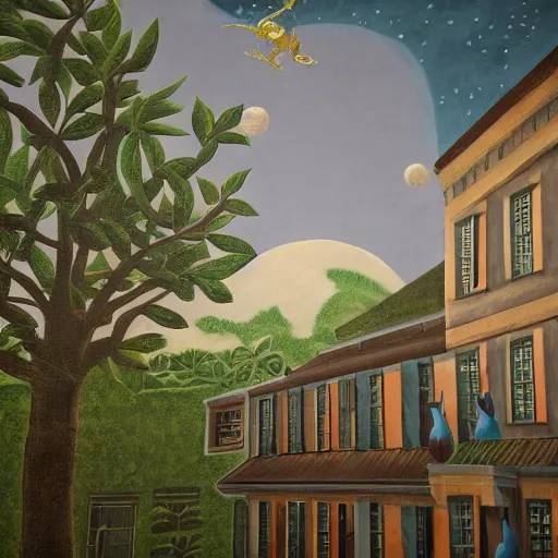 Image similar to fresco on a building, with dragon and falling stars, dark faded colors, in style of henri rousseau, highly detailed, unreal engine, photorealism