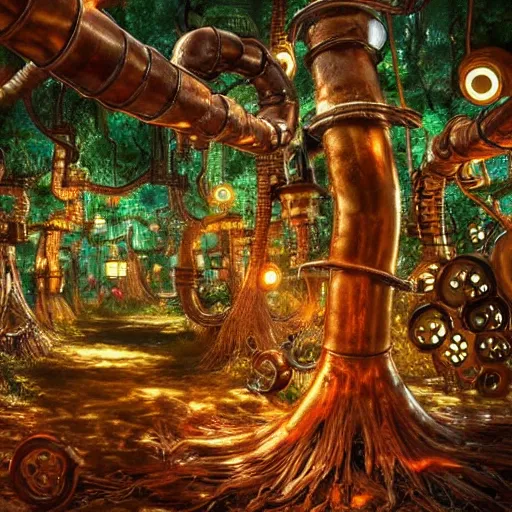 Image similar to a steampunk forest made out of copper pipes and metal, extremely detailed, steam, anime, studio ghibli, cyberpunk, copper, steam, particles, lush,