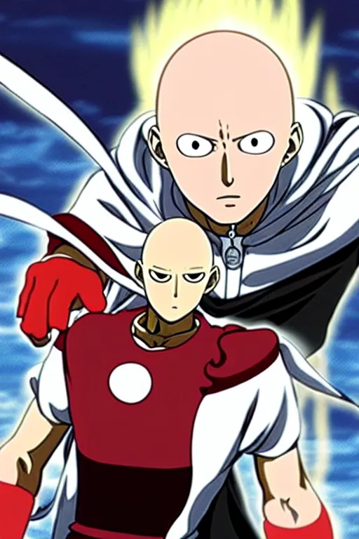 Image similar to baking saitama one punch man, with french baguette, anime artwork