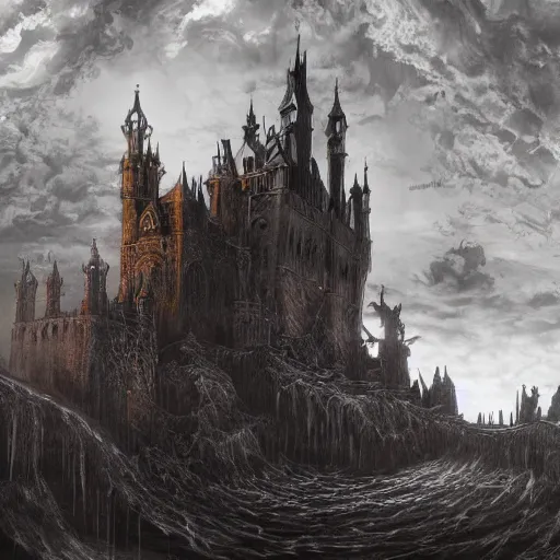 Image similar to a gigantic tall towering surreal elaborate dark gothic stone castle built over a lake at midnight with a second upside-down castle looming in the clouds above it, illustration by Ayami Kojima, dramatic lighting, concept art, hyperdetailed, 4k