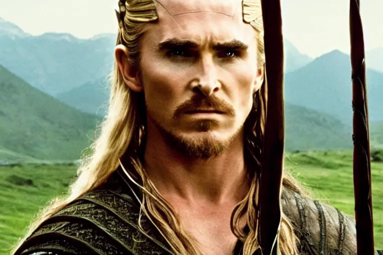 Prompt: film still of Christian Bale as Legolas in The Two Towers movie, 4k