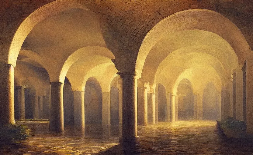 Image similar to tiled room squared waterway, aqueducts,. by konstantin razumov, fractal flame, chiaroscuro, highly detailded, volumetric lighting